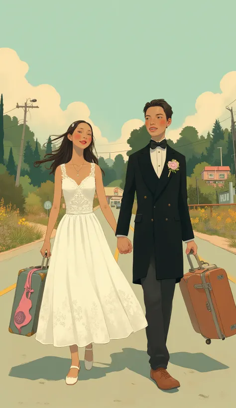 The bride and groom with luggage are walking together in the cartoon, by Olivia Peguero, by Carla Wizgala , By Jeka Kemp, Photos Pinterest, illustration!, wedding with bouquet, Daphne Allen , Miroslava Sviridova, by Elaine Hamilton, Sylvia Pelissero, Me...