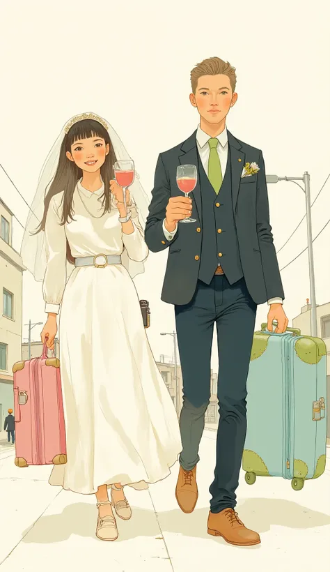 the stylish illustration、depicts a bride and groom walking briskly side by side, . bride, wears a flowing white gown with a chic veil, She holds a pink suitcase in her right hand、holds a camera in her left hand. Her groom, wears a sophisticated dark suit ...