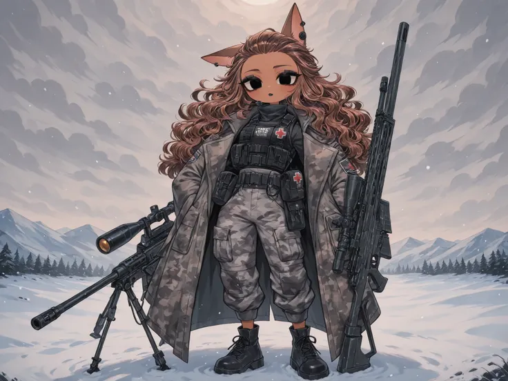 (edanoma_meu_illu,) The woman is a Military paramedic. She has slim build, small breasts, narrow hips. She has dark tanned skin. She has jet-black short wavy hair slicked back. She has black eyes. She has red lipstick and black eyeshadow. She is wearing a ...