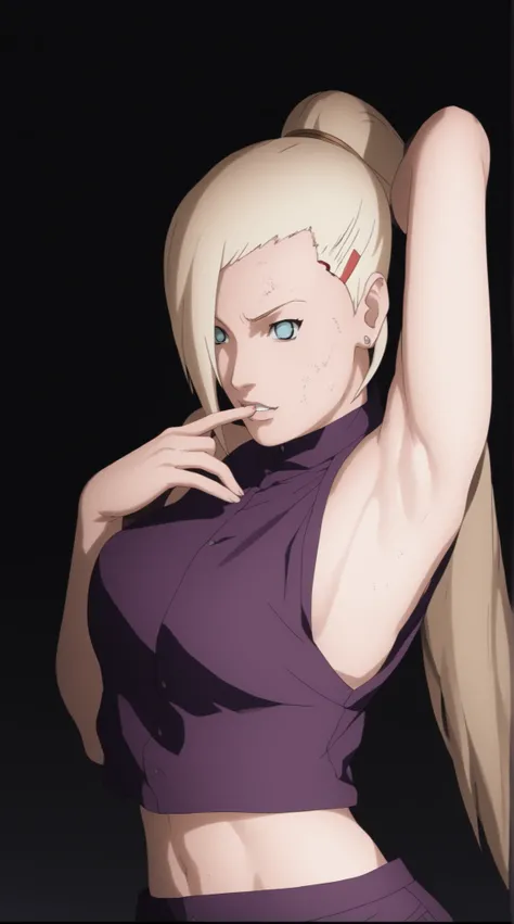 a close up of a young woman in a purple top and skirt, ino yamanaka from naruto, rendered in sfm, sfm render, inspired by INO, as a character in naruto, heavy gesture style closeup, sexsy pose, seduce pose, anime character, official render, anime art style...