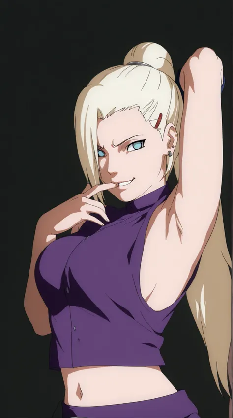 a close up of a young woman in a purple top and skirt, ino yamanaka from naruto, inspired by INO, sexsy pose, seduce pose, anime character, official render, anime art style, 2 d anime character, ino yamanaka, 1girl, solo, ,purple shirt, hair_ornament, jewe...