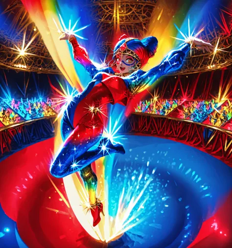 high-quality photo, ultra-detail, impeccable quality, graceful acrobat in the air under the circus dome, sparkling suit with crystals, bright spotlights in all colors of the rainbow, golden sparkles in the air, red and blue draperies, dynamic flight, enthu...