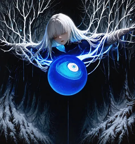 The image setting is mystical, Forest Landscape, , shrouded in an aura of magic. trees, with empty leaves and branches, curled to the sky, suggests the cold season, maybe, winter. held by refined hair The color palette is dominated by muted gray and brown,...