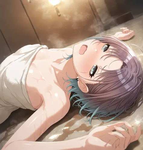 masterpiece,best quality, good quality, from above ,,indoors,((cinematic light ,dark)) shanimas, source_anime,asakura toru, short hair, brown hair, blue hair, blue eyes, parted bangs,(half-closed eyes),(((ecstasy ,frown ,embarrassed))), 1girl, solo, ((lo...