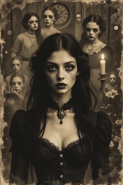 Daguerreotype photograph, tintype, sepia-toned, brown and yellowed with age, antique, vintage, authentic look, ultra-realistic, photo-realistic, ultra-detailed, HAUNTING GOTHIC NIGHTMARE:
A mesmerizing Victorian horror portrait where ethereal beauty meets ...