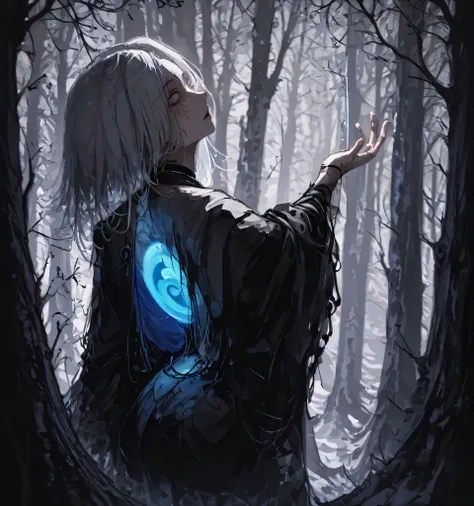 The image setting is mystical, Forest Landscape, , shrouded in an aura of magic. trees, with empty leaves and branches, curled to the sky, suggests the cold season, maybe, winter. held by refined hair The color palette is dominated by muted gray and brown,...