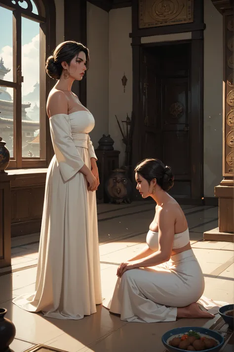 Two sexy, big-breasted ancient Korean mature women. mature face. Each has black hair, brown hair. White Skirt and Tube Top. Two women are staring at each other. ancient queen's palace background. serious expression. Woman kneeling and woman standing