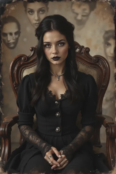 Tintype, daguerreotype photograph, sepia-toned, brown and yellowed with age, antique, vintage, authentic looking, ultra-realistic, photo-realistic, ultra-detailed, HAUNTING GOTHIC NIGHTMARE:
A mesmerizing Victorian portrait of a beautiful young woman with...