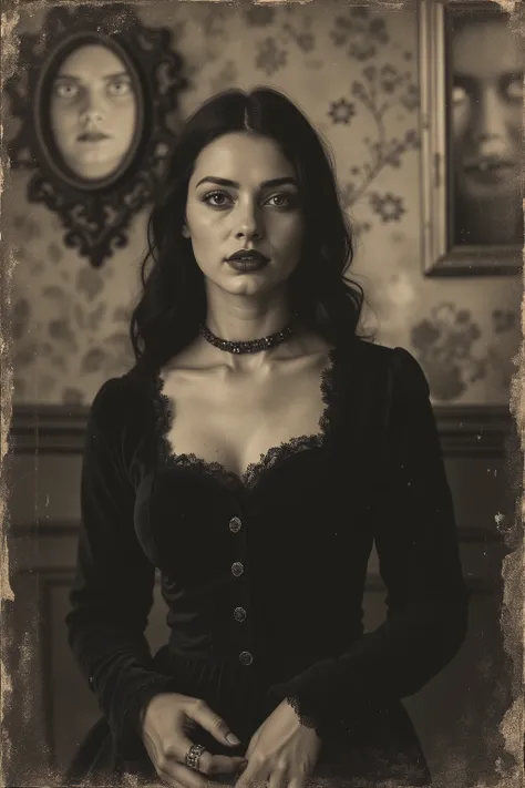 Tintype, daguerreotype photograph, sepia-toned, brown and yellowed with age, antique, vintage, authentic looking, ultra-realistic, photo-realistic, ultra-detailed, HAUNTING GOTHIC NIGHTMARE:
A mesmerizing Victorian portrait of a beautiful young woman with...