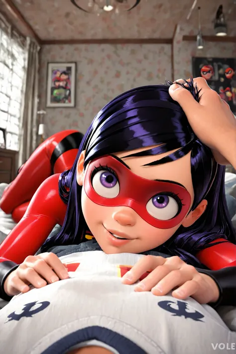 Masterpiece, highres 4k, UHD, very detailed, (violet parr), beautiful, with half-open full lips, violet eyes, red incredibles suit, 3d, pixar, 1girl on side, lying on side,caressing hair, sleeping, happy, male pov, resting head, snuggle, flirt. "i love you...