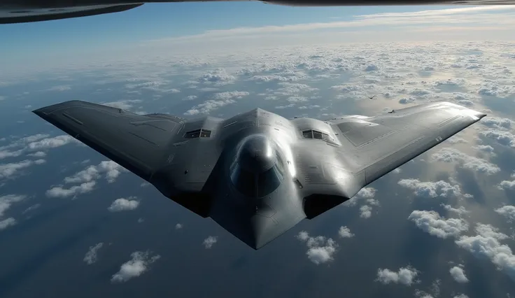 masterpiece, Highest Quality,(6th generation stealth fighter:1.5),Dark Silver,equipped with 2 engines without vertical tails,(There is no vertical tail:1.5),(A flat and large aircraft like a manta:1.5),(with multiple drones:1.5),(The surface of the aircraf...