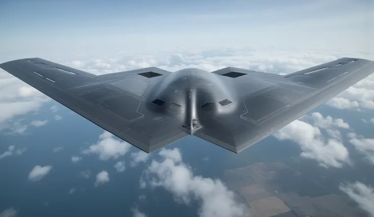 masterpiece, Highest Quality,(6th generation stealth fighter:1.5),Dark Silver,equipped with 2 engines without vertical tails,(There is no vertical tail:1.5),(A flat and large aircraft like a manta:1.5),(accompanied by multiple drones:1.5),(The surface of t...