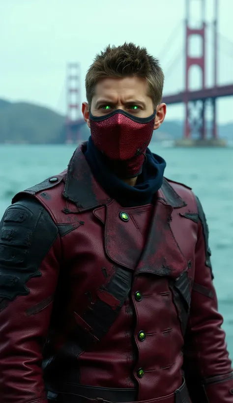 Jensen Ackles epic Ermac, busto, eyes glowing in green energy, red metallic mask covering the mouth. Dark red and black suit with details in leather and torn fabric.. Background with iconic bridge and blue sea, dia ensolarado, men's fashion portrait style,...