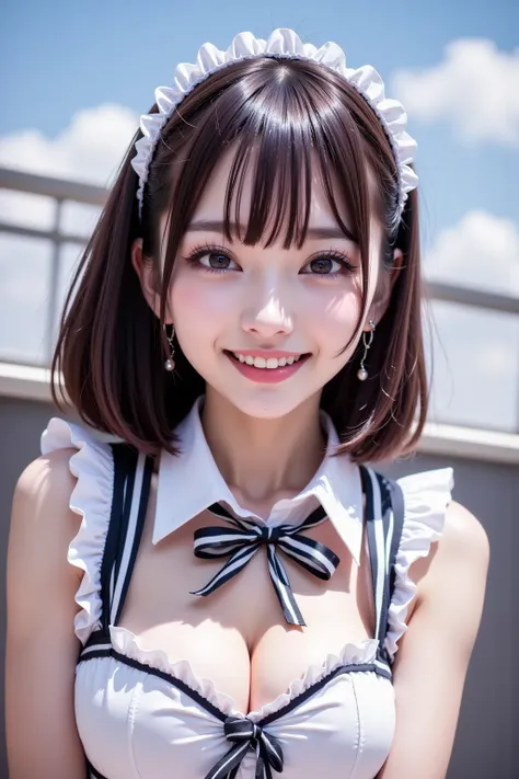 (masterpiece:1.3), 8k, highest quality, highest level, highest image quality, Intricate details, (1 girl),(solo),(Asian girl,very pretty 18 year old anime girl), (very beautiful woman, attractive beautiful woman, beautiful brown hair bob cut, intense black eyes, strong eye highlights, very large breasts, perfect anatomy, dynamic lighting, lip gloss), Beautifully detailed woman, very beautifully detailed face, very beautifully detailed eyes, smiling at the audience, smiling very happily, beautiful teeth, Beautiful teeth alignment, Ultra detailed, highly detailed, beautiful teeth, Beautiful teeth alignment, Super detailed, highly detailed, ((detailed cheerleader:1.2)), Light hitting your face, ((Dynamic pose)), bob cut, cross bangs, asymmetrical bangs, long neck, eyelashes, cute, Very large breasts, very beautiful and large, very beautiful breast shape, beautiful breasts, tall supermodel, supermodel with beautiful legs, supermodel dressed as a cheerleader, posing, dressed as a cheerleader, Close-up of woman laughing at camera (cheerleader costume), ((White ruffled maid's headband, sleeveless shirt with a low neckline, flared skirt, mini skirt)), Young and cute gravure idol, Young slender gravure idol, Young gravure idol, Young gravure idol, Daytime stadium background,