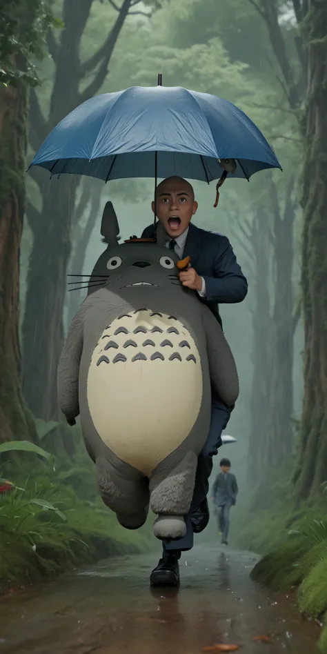rainy day,In the woods,1totoro,1man,A man in a skinhead suit holding an umbrella,totoro,a man is running away from Totoro while screaming,Totoro is chasing the man with all his might while opening his mouth wide,Action,dynamic,stylish,beautiful,beautiful,c...