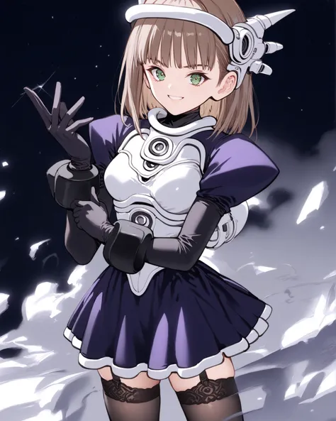 high resolution, ultra detail, very aesthetic, Highest Quality, white headgear2, dark purple dress, puffy_sleeves, white chest armor, dark purple gloves, skirt, garter_straps, black_thighhighs, a girl ,16 years old, solo,
brown hair, (medium hair), (Strai...