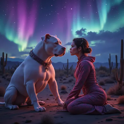 Ultra-realistic, photo-realistic, ultra-detailed, A very large muscular white-haired red-nose pitbull with an enormous head standing face to face with an extremely attractive young woman. Outside shot, desert, cacti, very bright vibrant colors of intens...