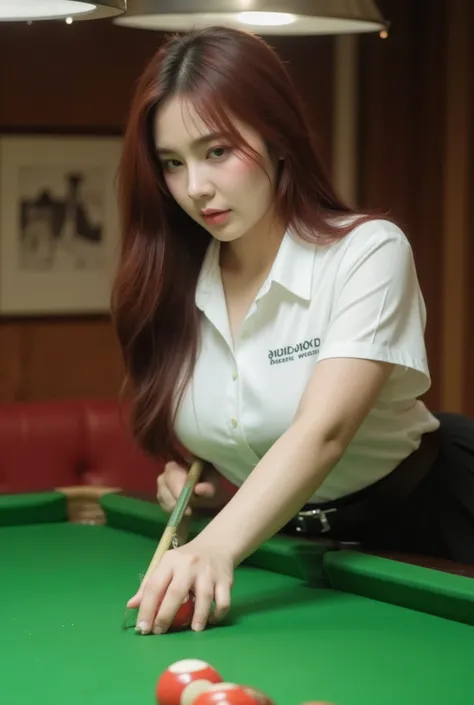 A portrait image shows a young Korean-Thai woman playing snookerr on an emerald green snooker table.
She has a long, fluffy haircut that shows off her narrow forehead. She has a voluptuous figure. She is chubby-sexy. She has a dark red cherry hair colour....