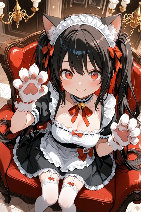 Highest Quality, Masterpiece, ultimate resolution that follows your skin, cat ear maid, adorable expression, Fascinated Eyes, odd-eye,Fluffy Cat Ears, fluffy glove paw, smile with small fangs, above, Moist eyes, maid clothes costume, Lots of frills, pure ...