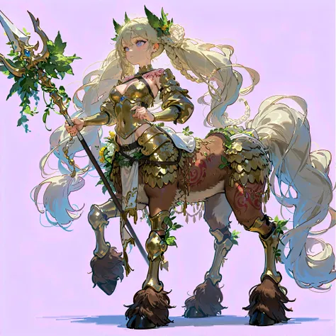 (((masterpiece))), (((Best Quality))), ((Ultra-detailed)), (anime Illustration), ((extremely delicate and beautiful)), solo, Full body, Fantasy race, female monsters, centaur lancer girl, pale gold short-braided hairstyles, spellbound body tattoos, brown f...