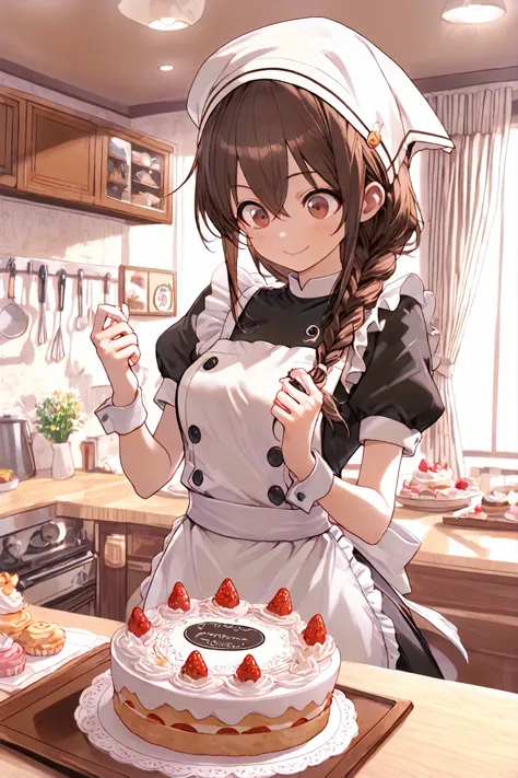 Highest Quality, super high resolution, Masterpiece, A cute pastry chef, Smiling Girl, In front of the showcase, bright atmosphere, white cook hat, Chef Clothing, apron visible from the outside, Nameplate on the chest, ponytail, braids,A net hat to hold h...