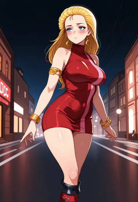 1girl, solo, night street, large breasts, blush, bdc0n, blonde hair, hair slicked back, long hair, blue eyes, earrings, turtleneck dress, red dress, pink stripe, sleeveless, armlet, bangle, short dress, knee boots, high heel boots, red footwear, masterpiec...