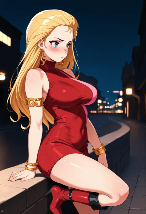 1girl, solo, night street, large breasts, blush, bdc0n, blonde hair, hair slicked back, long hair, blue eyes, earrings, turtleneck dress, red dress, pink stripe, sleeveless, armlet, bangle, short dress, knee boots, high heel boots, red footwear, masterpiec...