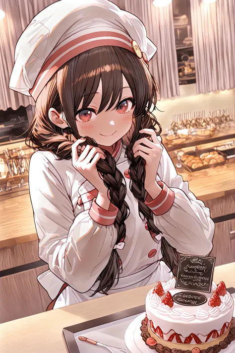 Highest Quality, super high resolution, Masterpiece, A cute pastry chef, Smiling Girl, In front of the showcase, bright atmosphere, white cook hat, Chef Clothing, apron visible from the outside, Nameplate on the chest, ponytail, braids,A net hat to hold h...