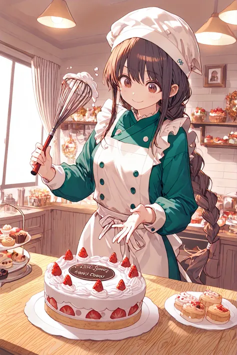 Highest Quality, super high resolution, Masterpiece, A cute pastry chef, Smiling Girl, In front of the showcase, bright atmosphere, white cook hat, Chef Clothing, apron visible from the outside, Nameplate on the chest, ponytail, braids,A net hat to hold h...