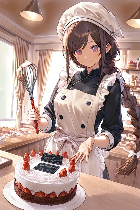 Highest Quality, super high resolution, Masterpiece, A cute pastry chef, Smiling Girl, In front of the showcase, bright atmosphere, white cook hat, Chef Clothing, apron visible from the outside, Nameplate on the chest, ponytail, braids,A net hat to hold h...