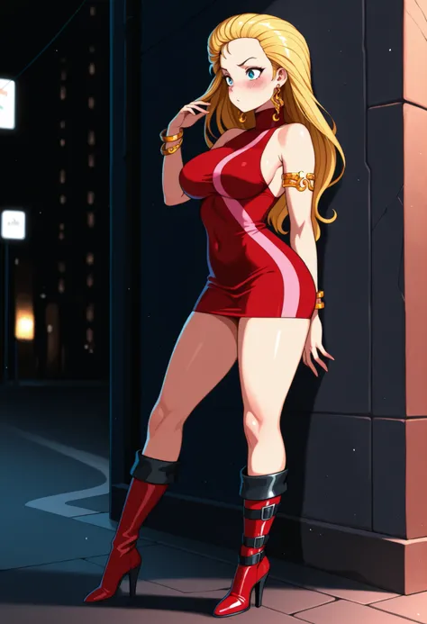 1girl, solo, night street, large breasts, blush, bdc0n, blonde hair, hair slicked back, long hair, blue eyes, earrings, turtleneck dress, red dress, pink stripe, sleeveless, armlet, bangle, short dress, knee boots, high heel boots, red footwear, masterpiec...