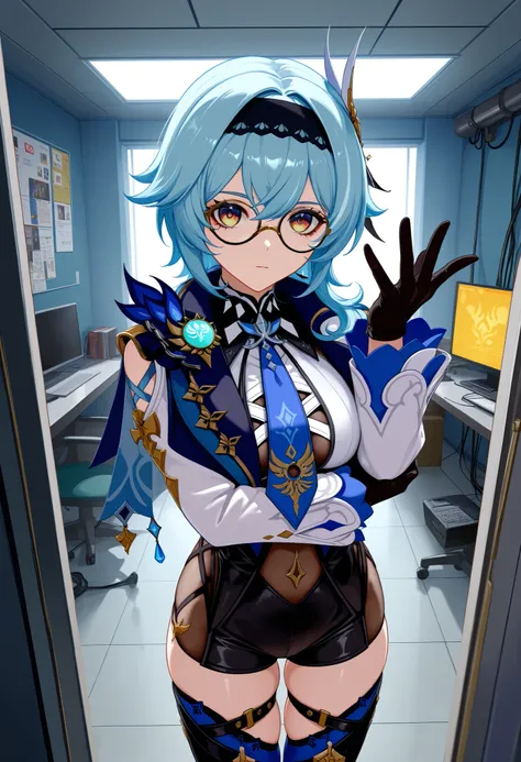 score_9,score_8_above,score_7_above BREAK EulaSDXL,a Woman, pose sexy, eyeglasses, hair ornament, thighhighs, Gloves, long sleeves, blue hair, yellow eyes, headband, tie, black Gloves, medium hair, cable, Leotardo, thigh harness, black headband, Leotardo ...