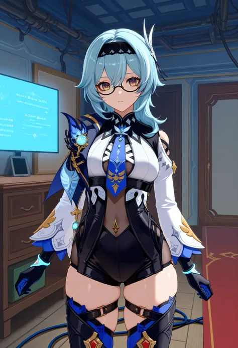 score_9,score_8_above,score_7_above BREAK EulaSDXL,a Woman, pose sexy, eyeglasses, hair ornament, thighhighs, Gloves, long sleeves, blue hair, yellow eyes, headband, tie, black Gloves, medium hair, cable, Leotardo, thigh harness, black headband, Leotardo ...