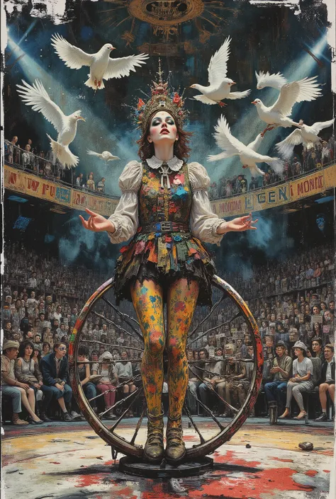 anime aesthetics, mystery, surrealism, futurism, tension, abstraction, a female clowning on a monowheel juggles birds in the circus arena, her face is decorated with intricate makeup, and on her head is a fancy headdress. A diverse audience can be seen in ...