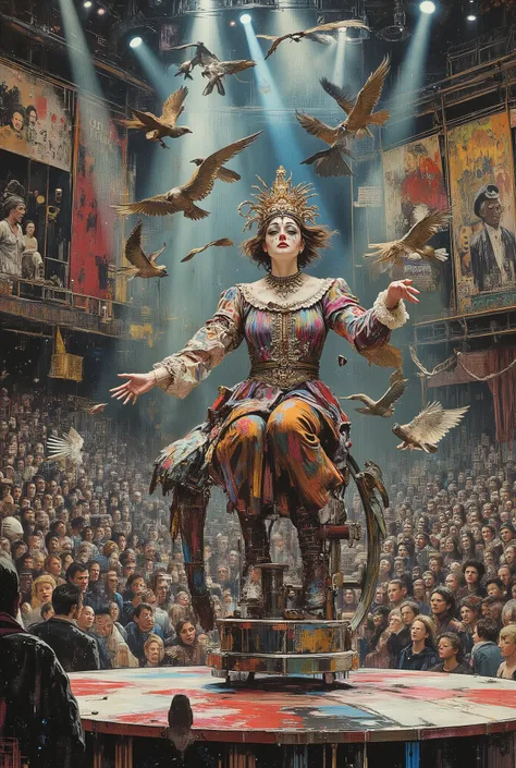 anime aesthetics, mystery, surrealism, futurism, tension, abstraction, a female clowning on a monowheel juggles birds in the circus arena, her face is decorated with intricate makeup, and on her head is a fancy headdress. A diverse audience can be seen in ...