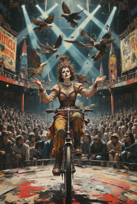 anime aesthetics, mystery, surrealism, futurism, tension, abstraction, a female clown on a monobike juggles birds in the circus arena, her face is decorated with intricate makeup, and on her head is a fancy headdress. A diverse audience can be seen in the ...