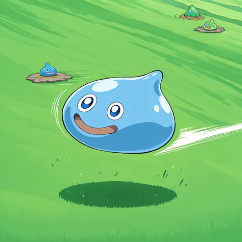 1 slime (dqslime, blue skin) appears , That slime is jumping and bouncing happily, zoom, green meadow and rocky mountains and sky in the background