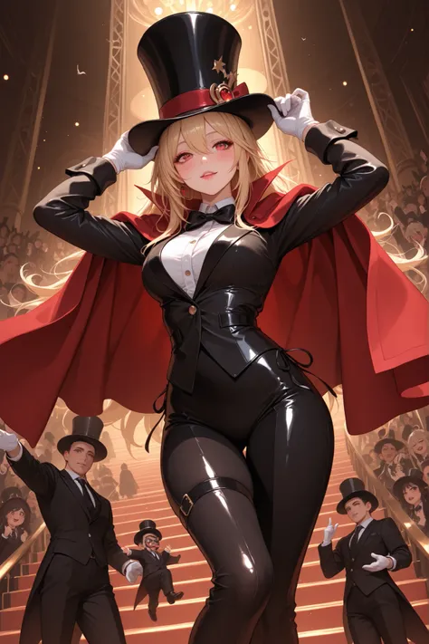 Highest Quality、anime style、masterpiece、Chibi Character Style、On the circus stage、the moment a mini magician girl takes a bird out of her black silk hat and surprises the audience、costume is a black magician suit、Red Cloak、top hat、white gloves、cute