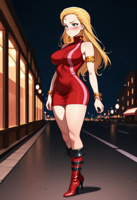 1girl, solo, night street, large breasts, blush, bdc0n, blonde hair, hair slicked back, long hair, blue eyes, earrings, turtleneck dress, red dress, pink stripe, sleeveless, armlet, bangle, short dress, knee boots, high heel boots, red footwear, masterpiec...