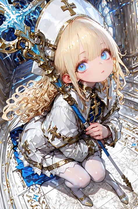 (masterpiece:1.3), 8k, highest quality, highest level, highest image quality, Intricate details, (1 girl), (Very Beautiful Saint:1.3), (White-based outfit, White mini skirt, cute white hat, long white tights, cute shoes, gold cross pendant), (Beautiful long wavy blonde hair, beautiful blue eyes, beautiful eyelashes, and shiny sparkling hair, Fair, healthy skin tone), (Gorgeous Saint's Staff:1.3), high angle, from above, Inside the temple, 