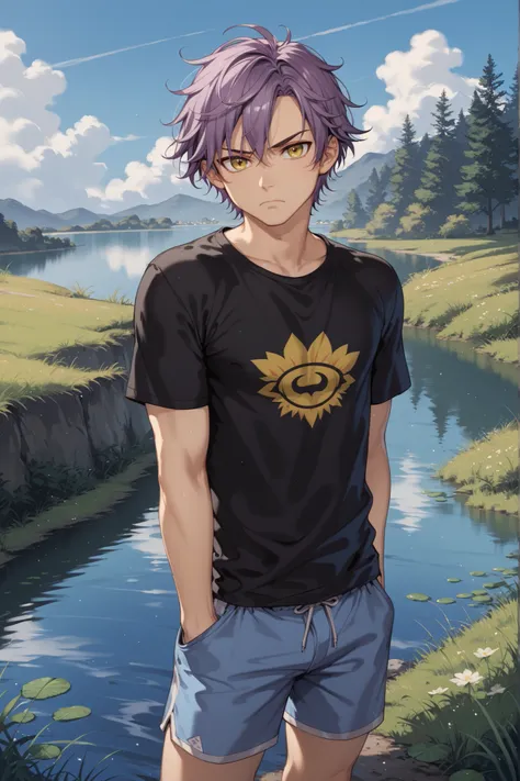 Source_anime, fishine style, 1boy, solo, adult man BREAK
Messy hair, handsome, purple hair, short hair, yellow eyes BREAK
Black shirt, short sleeves, blue shorts BREAK
Looking at viewer, frown, closed mouth, standing
Outdoors, blue sky, grass, lake...