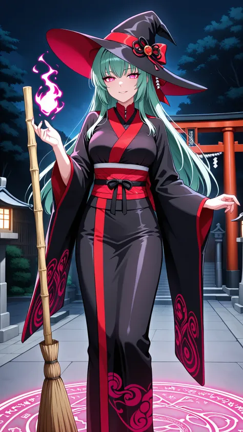 solo, kanzaki_saya,  long hair, green hair, mature woman, Tight waist、Small waist、shiny Skin,  masterpiece, best quality, 1girl, anime style,  big red-black ribbon, magenta eyes, gentle confident smile, elegant Japanese witch, wearing a black kimono with c...
