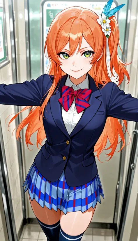 masterpiece, best quality, one side up, feather hair ornament, hair flower, white gloves, legwear, thighhighs, serious smile,closed mouth,glossy lips, (1girl), (solo), otonokizaka ,winter uniform, red striped bow tie, navy blue blazer, blue striped pleated...