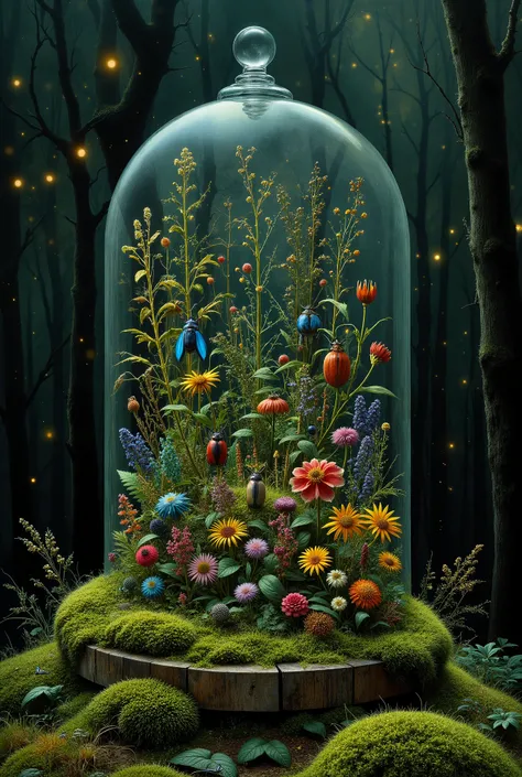glass dome terrarium with colorful beetles and delicate dried flowers inside, moss covering the ground, looking like a tiny enchanted forest, highly detailed, realistic illustration, dark forest style, little faires inside, fireflys,