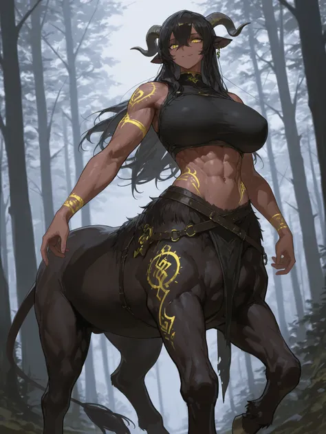 (best quality, masterpiece), 1 woman, dnd, bulltaur, horns, black mare, handsome, wise woman, strong build, volputrous, strong, yellow eyes, huge breasts, horns, monster girl, black hair, athletic, exposing the abdomen, beautiful girl, proporcional human b...