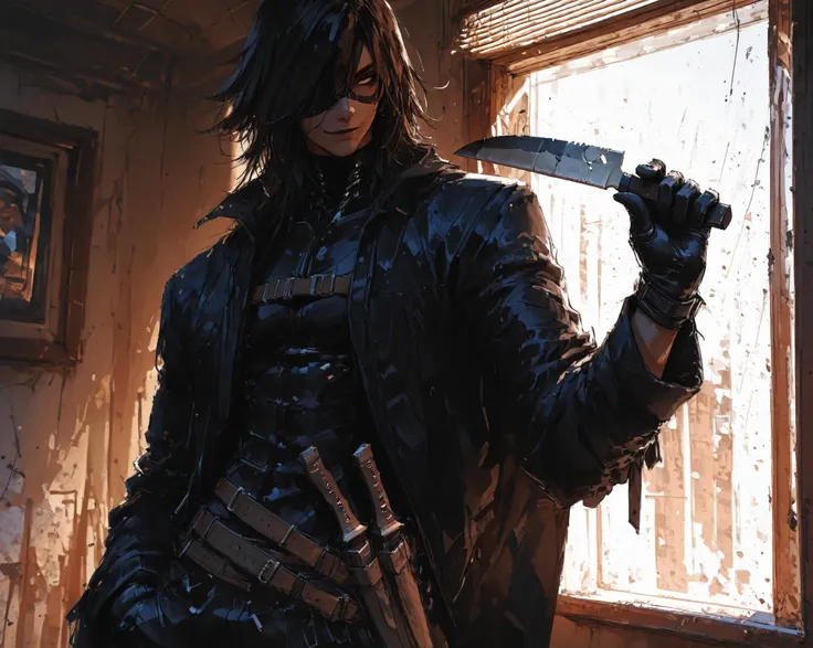 a handsome masculine, Stylish, sexy, stands outside the window and looks enthusiastically at the painted knife.