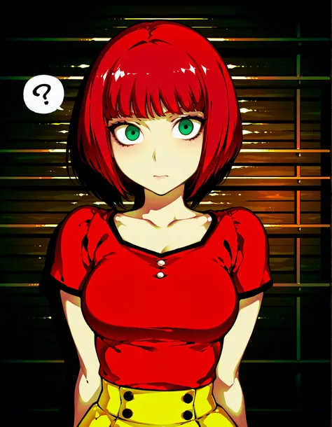 Source_anime, cute female, fishine style, 1girl, solo, redhead BREAK
Short hair, red hair, bob_cut, bangs, green eyes, medium breasts BREAK
Red shirt, short sleeves, yellow skirt , upper body BREAK
Looking at viewer, cute face, closed mouth, ?, wid...