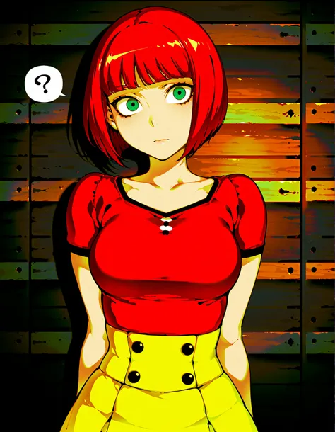 Source_anime, cute female, fishine style, 1girl, solo, redhead BREAK
Short hair, red hair, bob_cut, bangs, green eyes, medium breasts BREAK
Red shirt, short sleeves, yellow skirt , upper body BREAK
Looking at viewer, cute face, closed mouth, ?, wid...