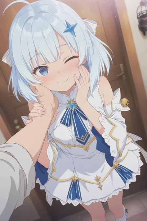 masterpiece, best quality, amazing quality, very aesthetic, absurdres, ultra detailed, tina_howard, 1girl, solo, looking at viewer,light blue hair, short hair, ahoge, blunt bangs, blue eyes, white dress, gold trim, detached sleeves, bell sleeves, striped blue necktie, star-shaped brooch, blue star hair ornament, white hair ribbon, white socks,diamond pattern, well-groomed face, smile, guided hand on cheek, hand grab, hand on another's cheek, hand on another's face, looking at viewer, pov, pov hands, smile, blush, one eye closed, caress, caressing cheek, looking at viewer, solo,, dutch angle, cowboy shot