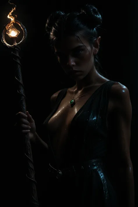 This is a hyperrealistic and highly detailed digital painting of an ethereal young elf woman. She has pale, freckled skin, long black hair tied back in two intricate buns, and pointy ears. Her blue eyes are slightly lowered, and her lips are full and pink....